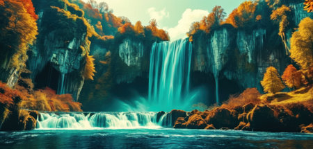 Waterfall in autumn forest. Colorful autumn landscape with waterfall.の素材