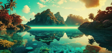 Tropical island with palm trees and blue lagoon. 3d renderの素材