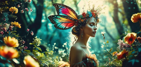 Beautiful fairy woman with a butterfly in the forest. Fairy tale.の素材