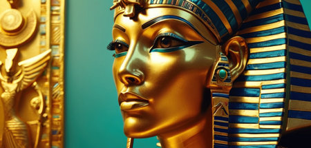 Egyptian golden pharaoh mask on blue background. 3d renderingの素材
