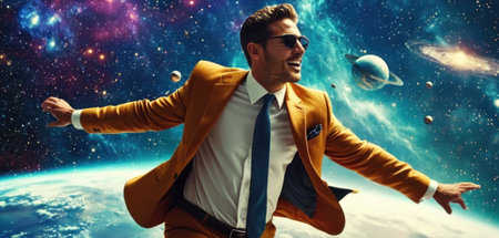 Businessman in space. Mixed media. Mixed media. Mixed mediaの素材