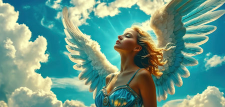 Beautiful girl with angel wings in the sky. 3d renderingの素材