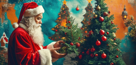 Santa Claus with a bag of gifts on the background of the Christmas tree.の素材