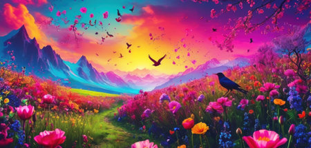Spring landscape with flowers and birds. Colorful fantasy illustration. Digital painting.の素材