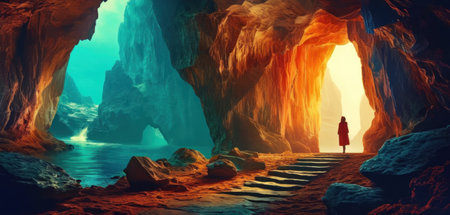 Fantasy scene of a man in a cave. 3d renderingの素材