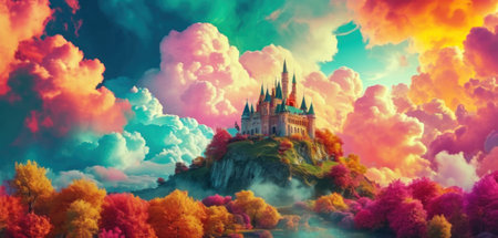 Magic castle on the hill. Fairytale landscape with fantasy castle.の素材