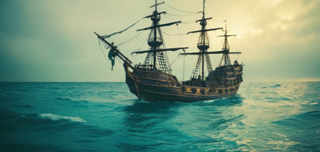 Pirate ship in the sea. 3d render. Vintage style.の素材