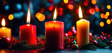 Burning candles and Christmas decoration on a dark background. Christmas card.の素材