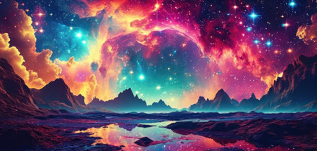 Fantasy alien planet. Mountain and lake. 3D illustration.の素材