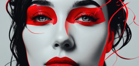 Close-up portrait of a beautiful woman with red lips and creative makeup.の素材