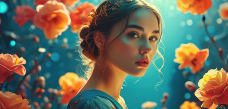 Portrait of a beautiful girl with flowers. Beauty, fashion.の素材