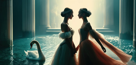 Two beautiful women in elegant evening dresses with swans swimming in a poolの素材