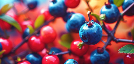Bunch of blueberries on a branch on a blurred background.の素材