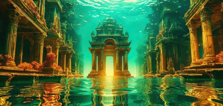 Mystical temple in the sea. 3d render illustration.の素材