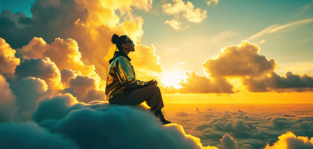Silhouette of a man sitting on the top of the cloudsの素材