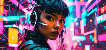 Futuristic portrait of a girl in neon light. 3d renderingの素材