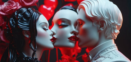 Valentine's day. Couple of lovers kissing on mannequins with red heartsの素材