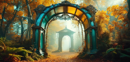 Mysterious gazebo in the autumn forest. 3d renderの素材