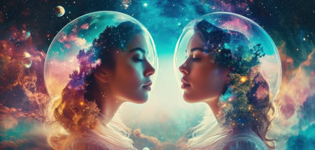 Two beautiful girls in the space. Elements of this image furnished by NASAの素材