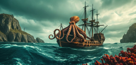 Pirate ship with octopus in the ocean. 3d renderingの素材