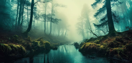 Mysterious dark forest with a river flowing through it in a fogの素材