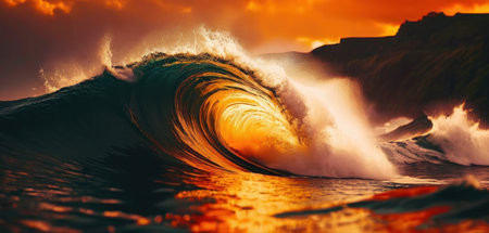 Surfing ocean wave at sunset. 3d render illustration of surfing waveの素材