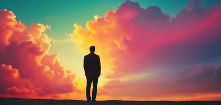 Businessman standing in front of the sunset sky. Business and success concept.の素材