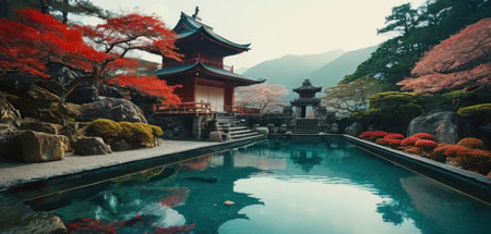 Beautiful japanese garden in the morning with pond and pagodaの素材