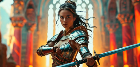 Beautiful girl in armor with sword in front of the ancient cathedralの素材