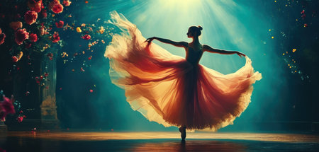 Ballet dancer in a red dress dancing in the dark room with flowersの素材