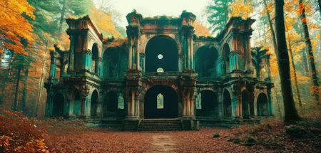 Autumn scene with old abandoned mansion in forest. Digital painting.の素材