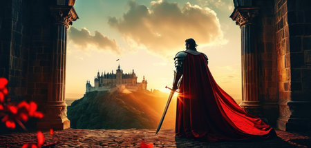 Knight with sword in front of castle. 3d render. Illustration.の素材