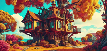 3D rendering of a fantasy house in the middle of the forestの素材