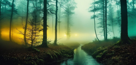 Panoramic view of foggy forest and river at sunrise.の素材