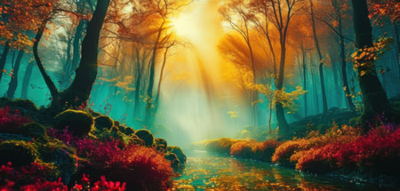 Mysterious autumn forest with a small river. 3D renderingの素材