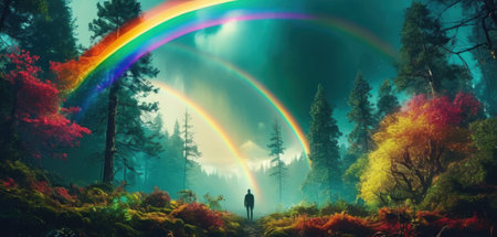 Rainbow in the forest with a woman in the foreground. 3d renderingの素材