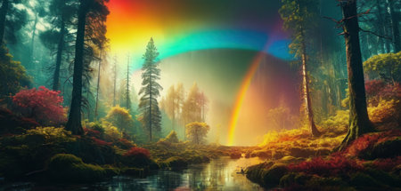 Rainbow over the river in the autumn forest. 3D renderingの素材