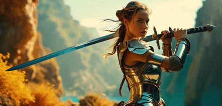 Beautiful woman knight in armor with sword on the background of mountainsの素材