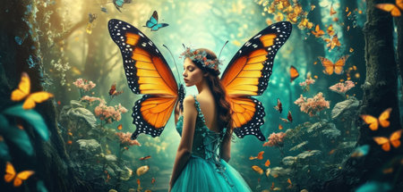 Beautiful young woman with butterfly wings in fairy forest. Fairy tale.の素材