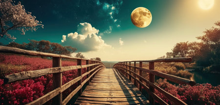 Wooden bridge leading to the full moon in the night sky.の素材