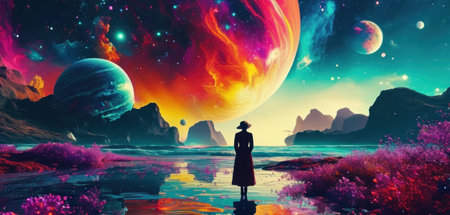 Fantasy landscape with a woman in a long dress on the background of the planet.の素材