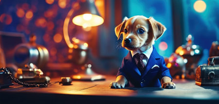 Funny puppy Jack Russell Terrier in a suit and tie.の素材