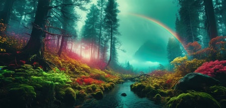 Rainbow in the forest, 3D render of a fantasy landscapeの素材