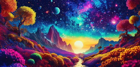 Fantasy landscape with mountains, trees and sun. 3d illustrationの素材