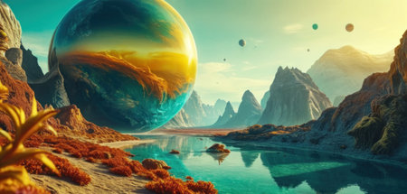 Fantasy alien planet. Mountain and lake. 3D illustration.の素材