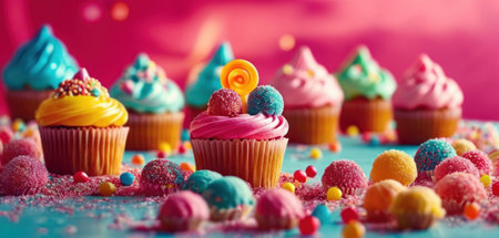 Colorful cupcakes with candies and jelly worms on a blue backgroundの素材