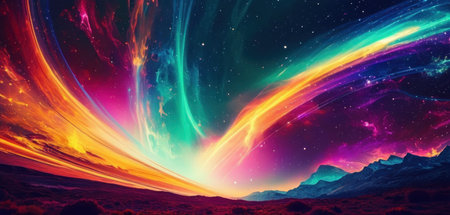 Fantasy landscape with mountains and colorful nebula. 3D renderingの素材