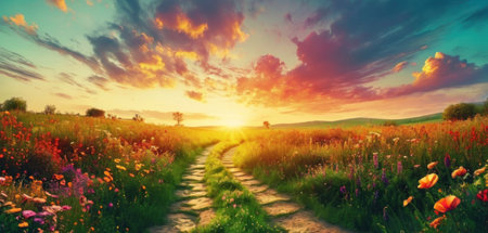 Sunset over a meadow with flowers. Panoramic view.の素材