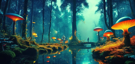Fantasy landscape with mushrooms in the forest. 3D rendering.の素材