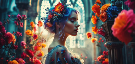 Beautiful young woman in a wreath of flowers. Gothic style.の素材